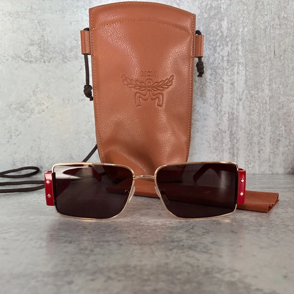 MCM MW0012 32E Red Gold Shield Sunglasses 55mm w/ Logo Case NWOT